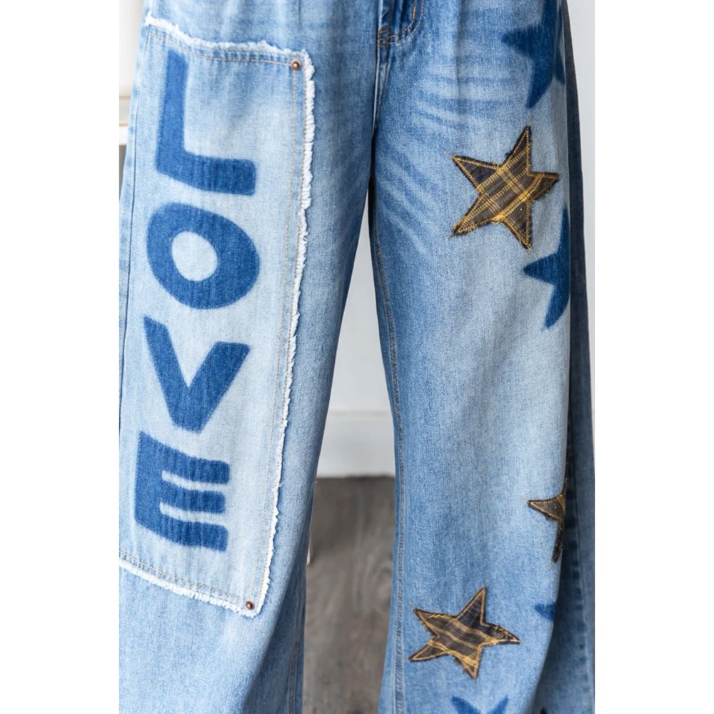 Oli & Hali Washed Star Love Patchwork Jeans with Plaid - Picture 5 of 8